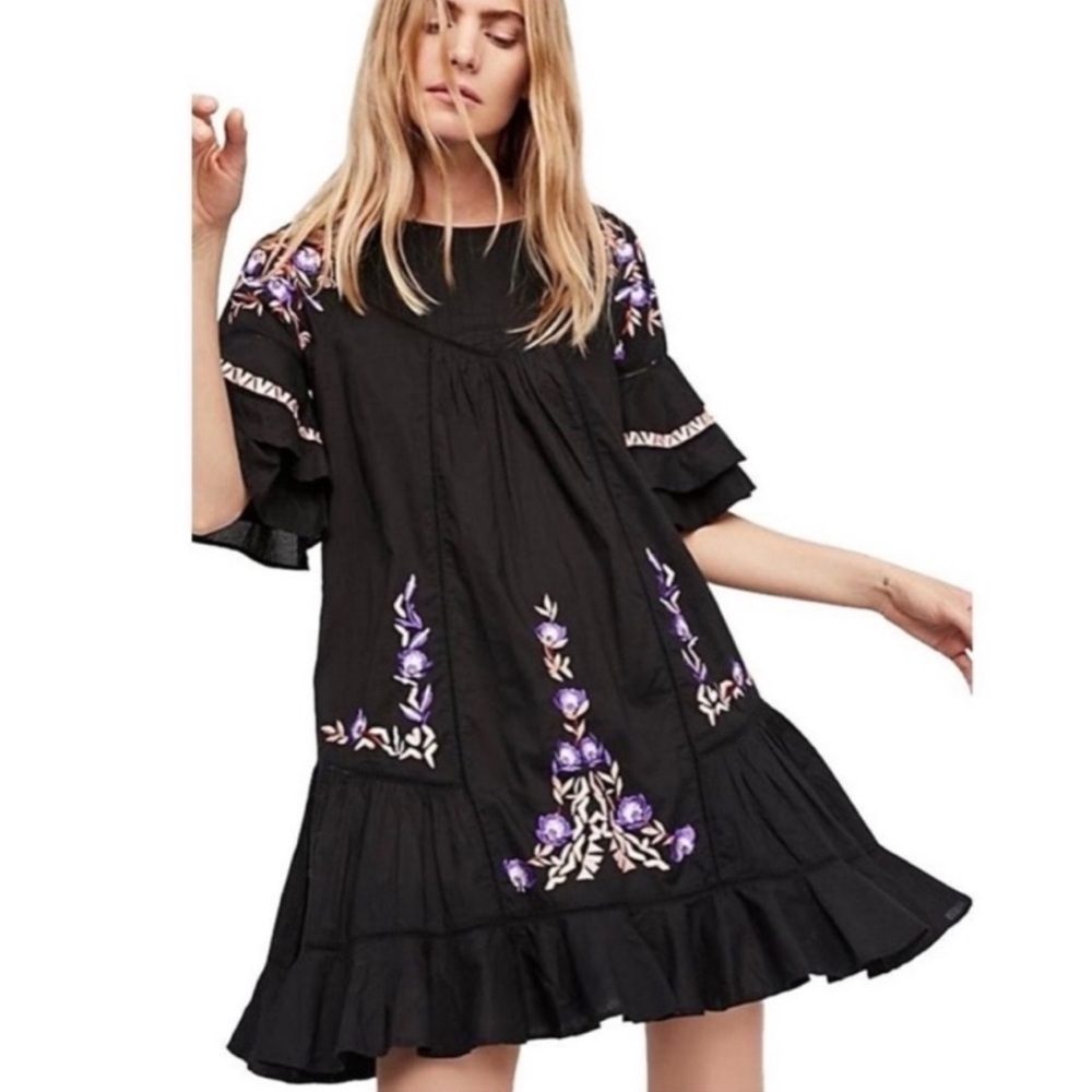 Free People Pavlo Floral embroidered boho ruffle mini dress size small